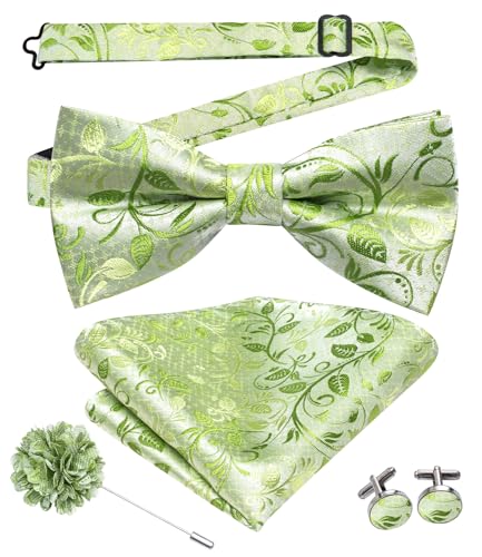 Image of Hi-Tie Pretied Bow Ties for Men Wedding Formal Bow Tie Handkerchief Cufflinks Lapel Pin Set Party Formal Mens Bowtie Set, Light Green Floral, Medium