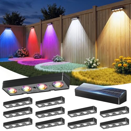 JOFIOS Fence Lights Solar Powered 12 Pack, Warm White, Cool White and RGB Color Glow LED Solar Lights Outdoor, IP65 Waterproof Solar Fence Lights for Patio, Backyard, Railing, Deck and Wall