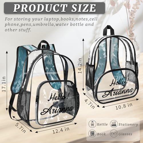 Beach Watercolor Blue Sea Personalized Small Clear Backpack Heavy Duty for Stadium Approved Custom Ocean Nature Scenery PVC Transparent Backpack with Name See Through Bag for Concerts4