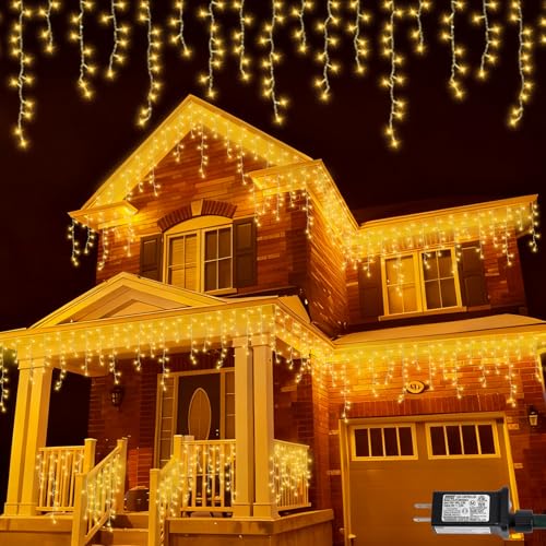 QITONG Warm White Icicle Lights for Outside 33ft 400 LED String Lights Indoor with 8 Modes Clear Wire Connectable Icicle Christmas Light Plug in