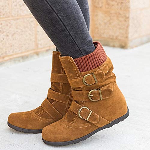 Noldares Boots For Women Winter Round-Toe Buckle Strap Zipper Boots Flats Low-Heeled Western Combat Mid Calf Boots, Brown, 8 #TOP2