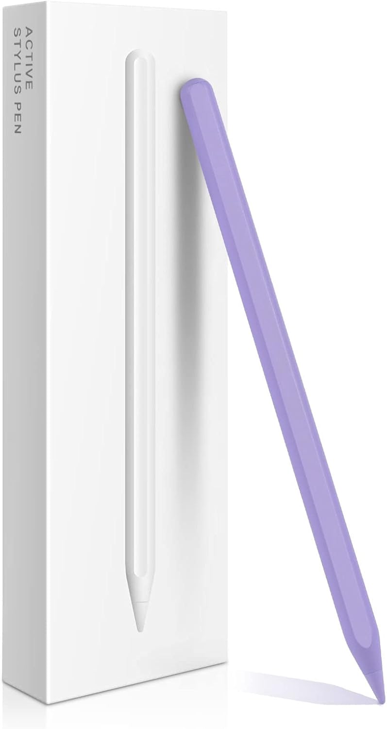 Zyerch Stylus Pen 2nd Generation in purple, shown next to its white packaging box.