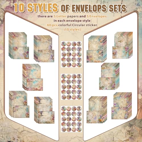 Image of TaoBary 160 Pcs Stationery Paper Kit 50 Double Sided Stationery Papers with 50 Matching Envelopes and 60 Round Dot Sticker, 10 Design (vintage Floral, 8.25 x 5.5 Inch)