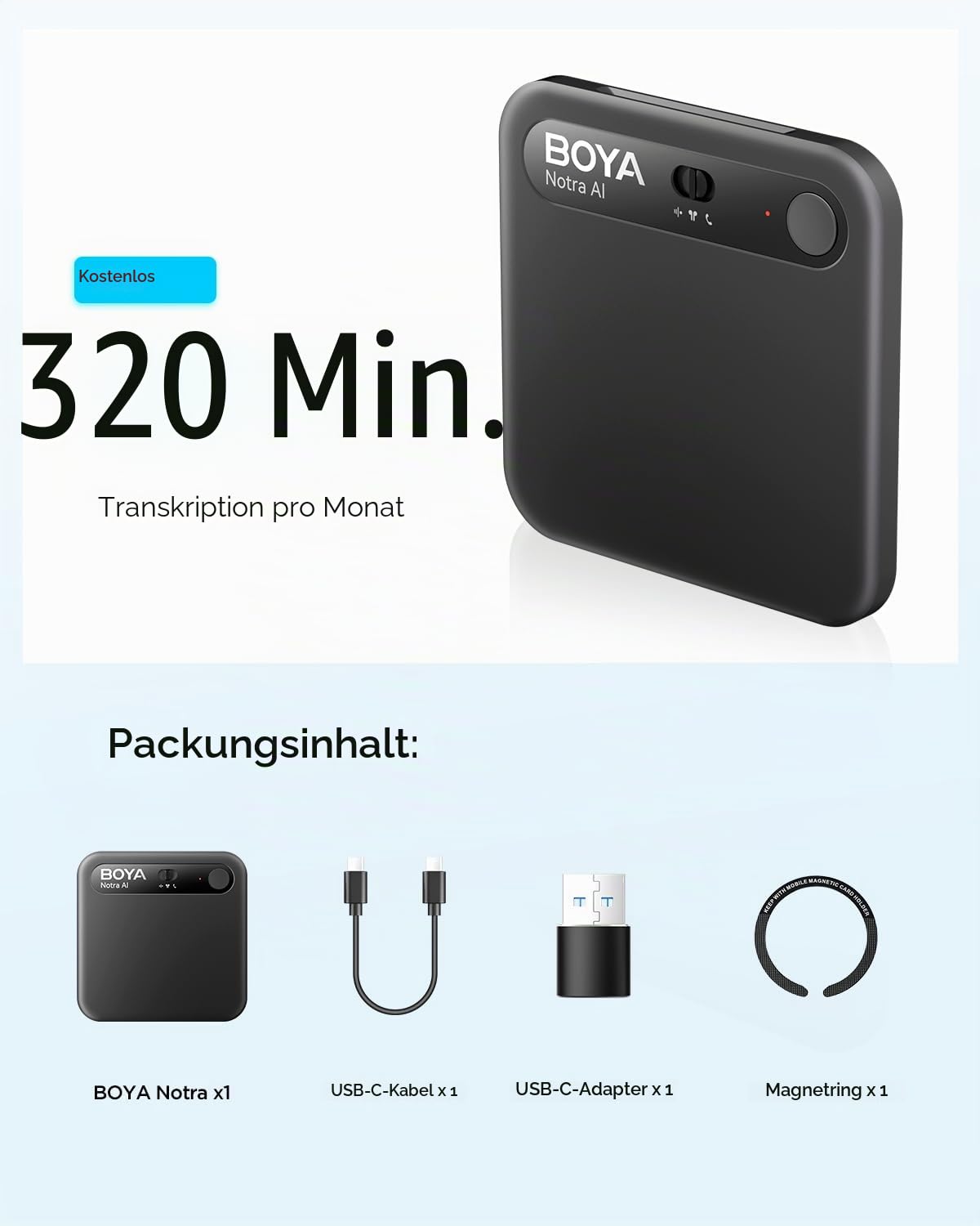 BOYA Notra KI Diktiergerät, KI-Transkription intelligente Zusammenfassung, über 140 Sprachen, 64 GB Speicher, magnetischer Notizblock für Besprechungen, Vorlesungen und Interviews Meetings