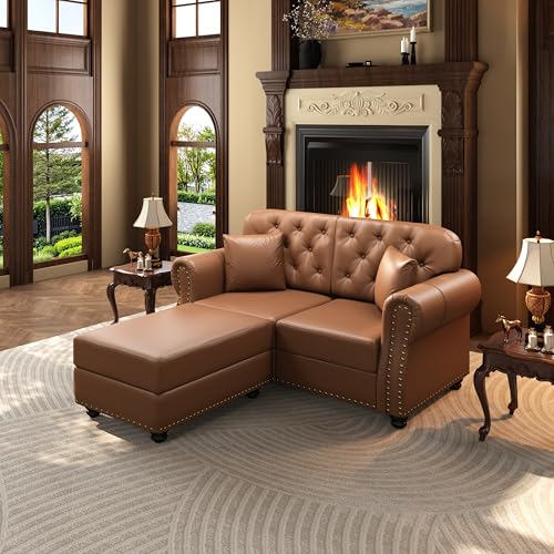 Image of KEIKI 63 inch Faux Leather Chesterfield Sofa with Rolled Arms & Nailhead Trim & 1 Ottoman, 2-Seater Button Tufted Couch with High Resilience Cushion & 2 Pillow, Easy Assembly, for Living Room, Brown