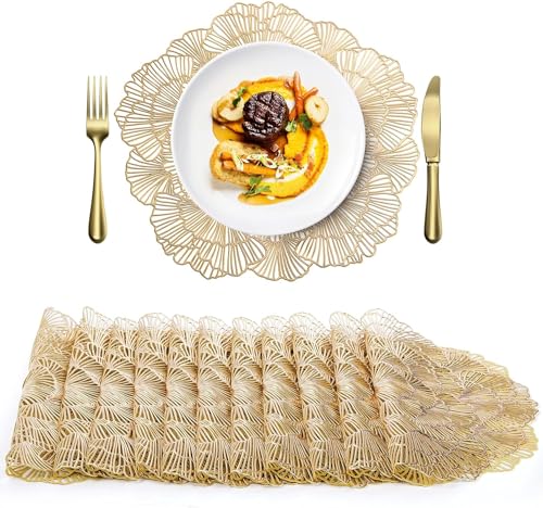 WUWEOT 12 Stück 38 cm goldene Vinyl-Tischsets, metallische Tischsets, waschbar, leicht zu reinigen, rutschfest, hitzebeständig, Matten für Weihnachten, Erntedankfest, Urlaub, Party, Hochzeit