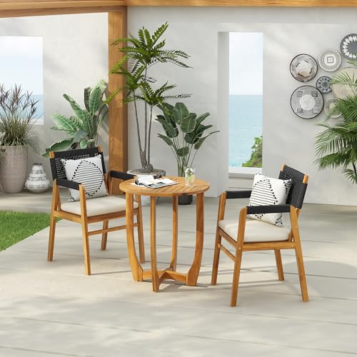 Christopher Knight Home Zed 3 Pieces Outdoor Dining Set, Acacia Wood Dining Chairs and Table, Slats Panel Design Round Table, Wooden Frame, 2 Seater Bistro Set for Balcony Backyard Garden, Teak+Black