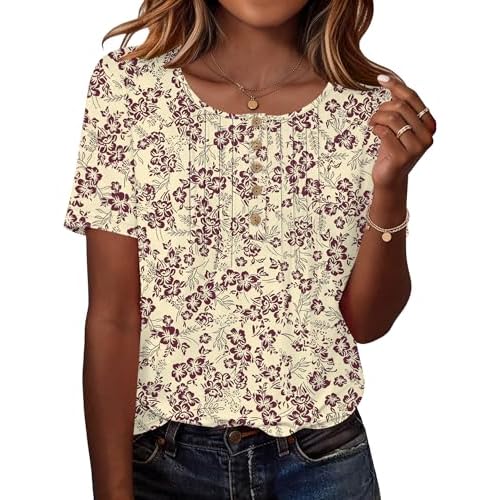 Rapbin Short Sleeve Shirts for Women Pleated Blouses Dressy Casual Tops