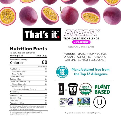 Image of That's it. Tropical Passion Energy Mini Bars | 100mg Natural Caffeine |Pineapple Passionfruit| Allergy-Friendly, Nut Free, Organic, Non-GMO, Gluten-Free Snacks | 15 Count