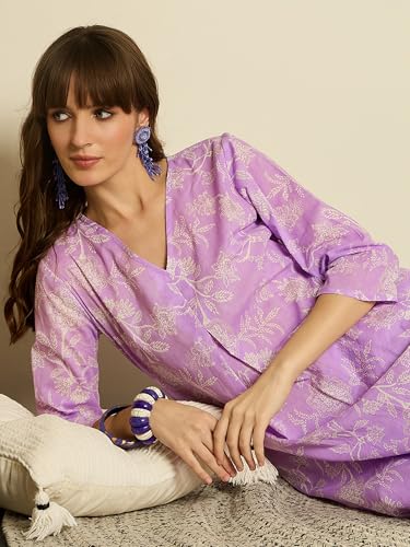 Image of INDO ERA Women Co Ord Set For Women Stylish | Pure Cotton Printed A-Line Kurta with Pant | Ethnic Wear for Women | Indian Casual Office Daily Summer Outfit, IESTR11879L | XS, S, M, L, XL, XXL | Purple