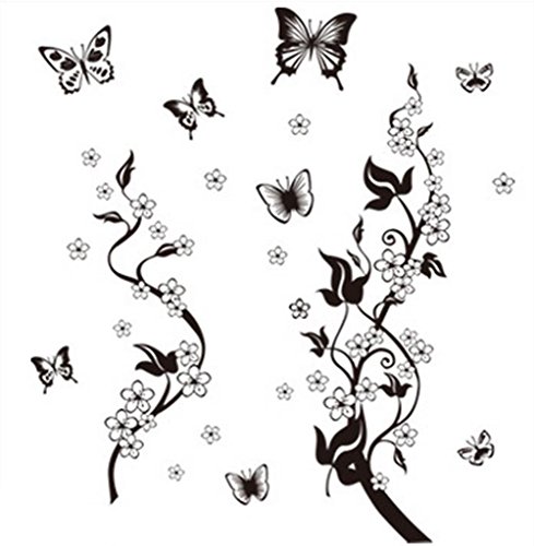 Zentto Removable Vinyl Wall Decals Black Flowers and Butterfly Vines DIY Home Art Decor Decorative W - //coolthings.us