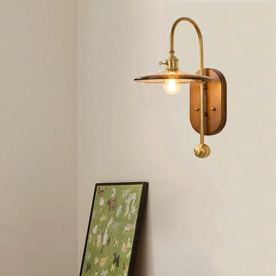 Applique da Parete Moderne in Stile Industriale con Paralume in Vetro e Base in Legno Rustico, a Collo D'Oca, in Stile Nordico, Ideali per Soggiorno, Comodino, Veranda e Ingresso.