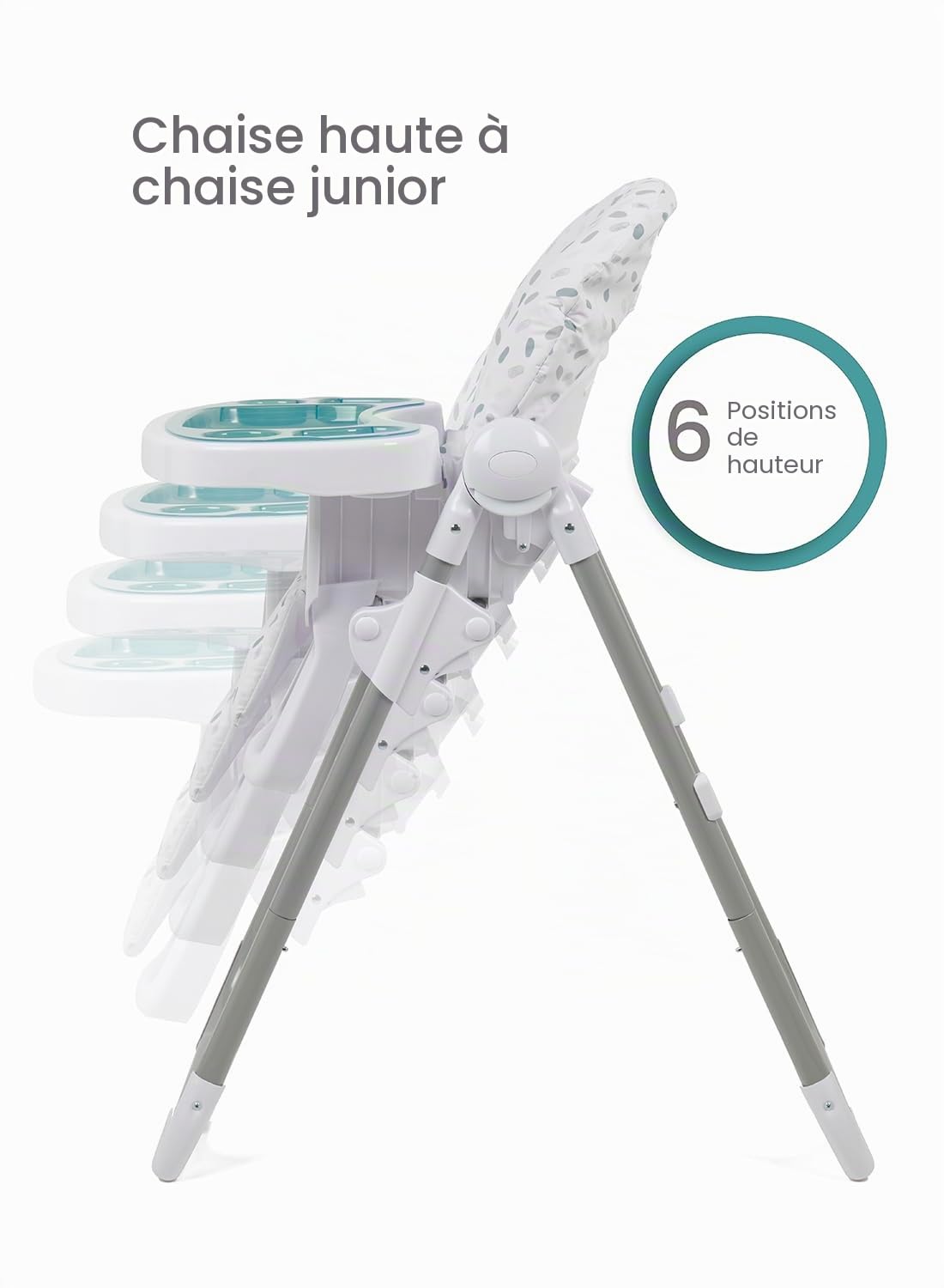 Babylo Hi Lo Chaise haute et chaise junior, 6 hauteurs, 3 positions d'inclinaison, plateau amovible à 2 couches et harnais de sécurité à 5 points de 6 mois à 15 kg