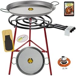 Paellero Obra COMBOI Kit Quemador Paellero de gas butano 60 cm, paellera de 70 cm + paellera 42 cm, Regulador de gas, Manguera, Soporte Patas reforzadas, nivel, delantal, libro de recetas digital