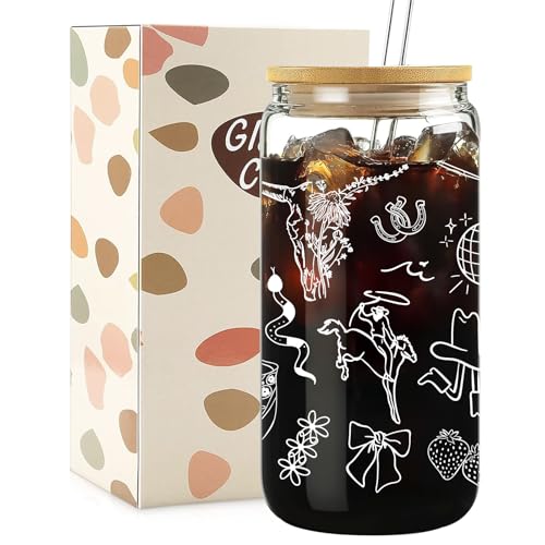 Mikopei Cowgirl Gifts for Women - Cute Glass Cup with Lid and Straw, Cowgirl Birthday Party Decorations Favors, Cowgirls Stuff Decor, Western Party Decorations, Iced Coffee Cup for Women, 16 oz
