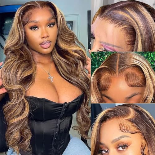 Image of Pizazz Ombre Highlight 13x4 HD Lace Front Wigs Human Hair Pre Plucked | 180 Density Glueless Body Wave Wigs Human Hair Pre Bleached Knots 4 /27 Honey Blonde Lace Frontal Wigs 30 Inch