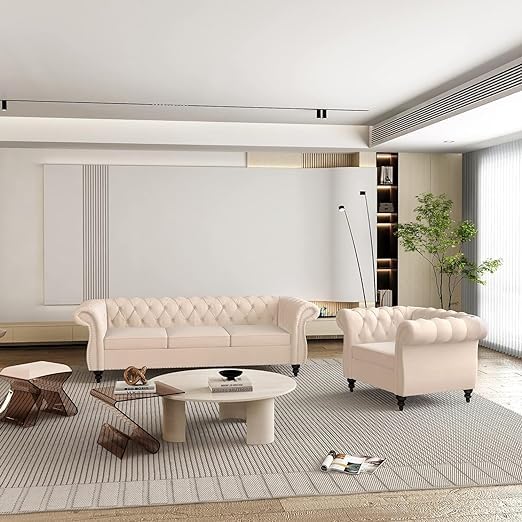 Modern Classic 5 Seater Sofa Couch Fabric & Valvet 3+1+1Footrest Tufted Chesterfield Sofa Living Room and Office (Beige)