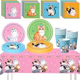 HOMAVEL 69tlg Geschirr-Set Katze Pappteller Becher Servietten Tischdecke