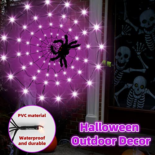 Sinotron Halloween Lights, Orange Purple Halloween Spider Web Lights Decoration 4 Ft Diameter+80 Led+1 Big Black Spider+10 Small Spiders+8 Lighting Modes, Outdoor Indoor Battery Operated Halloween Lights thumb #3