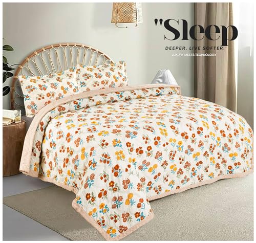 Image of Amazon Brand - Umi 100% Cotton Quilted /Ultrasonic 280 Tc Printed King Size Soft Bed Cover /Bedsheet /Bedspread Comforter with 2 Pillow Shams /Cover, (Luxurious, 90 x100 inches, Beige & Yellow & Maroon)