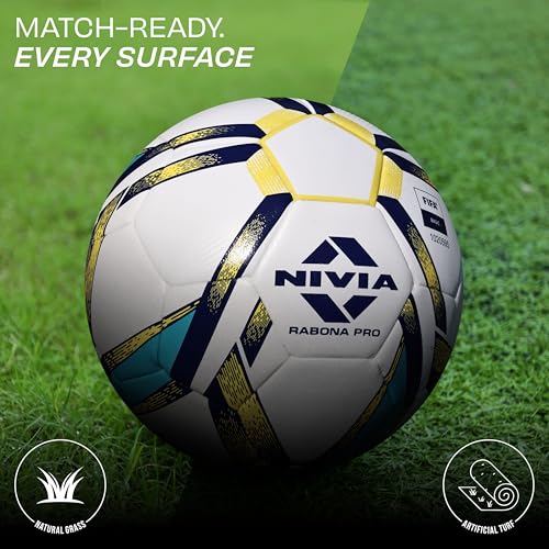 Image of Nivia Rabona Pro Football with Pump, 32 Panels, Glossy TPU Stitched, Suitable for Soft & Dry Ground, Hard Ground with Grass & Artificial Turf, International Match Ball (Size - 5, White)
