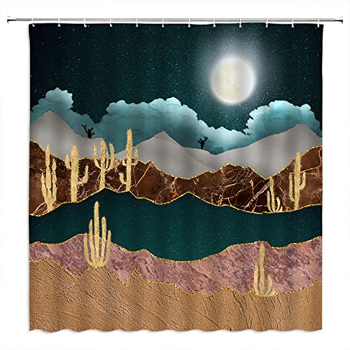 Abstract Mountain Shower Curtain Starry Sky Night Moon Stars Watercolor Nature Landscape Succulent Cactus Desert Modern Art Polyester Curtains Bathroom Decor With Hooks 70Wx70H Inch #TOP23