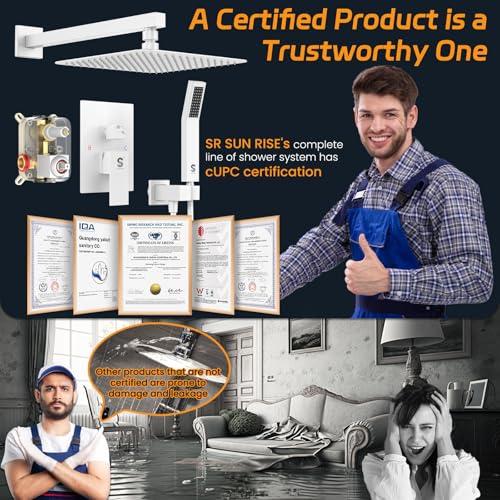 SR-SUN-RISE-White-Square-Rainfall-Shower-Head-and-Handle-Set-Wall-Mounted-Shower-Fixtures-Metal-Shower-Faucet-Trim-Repair-Kits-With-Shower-Valve-10-Inches