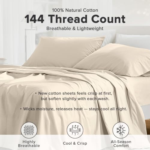 Image of Comfort Spaces 100% Cotton Percale Sheets Full Sheet Set 4 Pcs, Cream