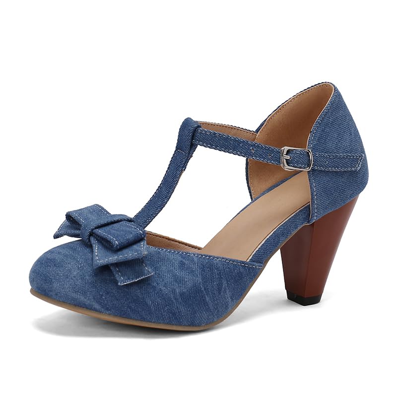 Image of Elbslutt Women's Cute Retro Rockabilly Shoes T Strap Mary Janes Heels Chunky Cosplay Shoes Sweet Block Heeled Bow Pumps
