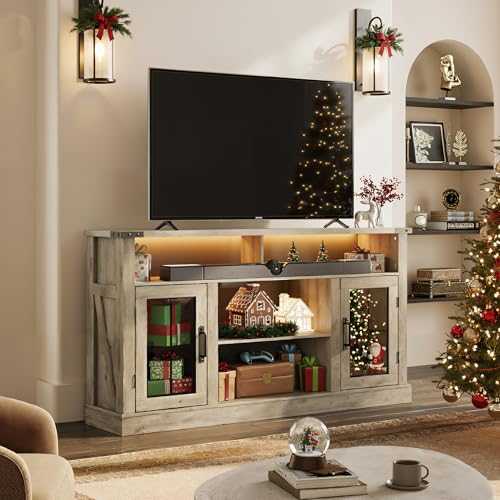 WLIVE Farmhouse TV Stand for 65 Inch TV, Tall Entertainment Center with LED Lights & Storage Cabinets, TV Media Console Table with Adjustable Shelf for Living Room, Bedroom, Home Theater, Gray Oak - Thumbnail 2