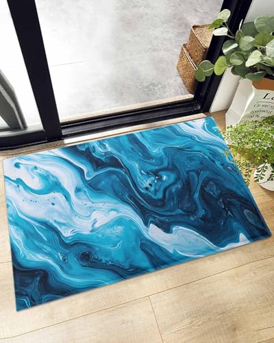 Indoor Doormat Oil Painting Blue and White Wave,Shaggy Floor Mat with Non-Skid Backing Abstract Ocean Fluid Art,Machine Washable Plush Area Rug Carpets for Kitchen Nursery Bedroom