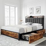 GarveeHome Queen Size Bed Frame with Storage Linen Upholstered Headboard, 4 Drawers Platform Bed Frame with Charging Station, No Box Spring Needed, Easy Assembly, Rustic Brown