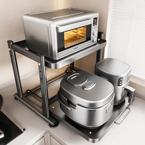 Image of PureBox Adjustable Height Microwave Stand, Heavy Duty Metal Kitchen Appliance Shelf with Slide Out Storage for Air Fryer, Coffee Maker & Small Appliances