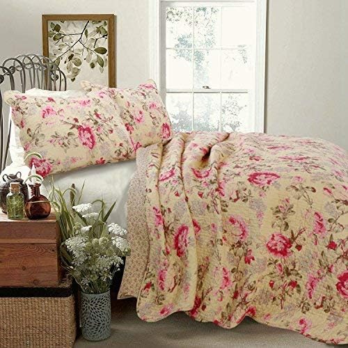 Cozy Line Home Fashions - Juego de ropa de cama reversible de algodón con estampado de flores románticas, color rosa y azul