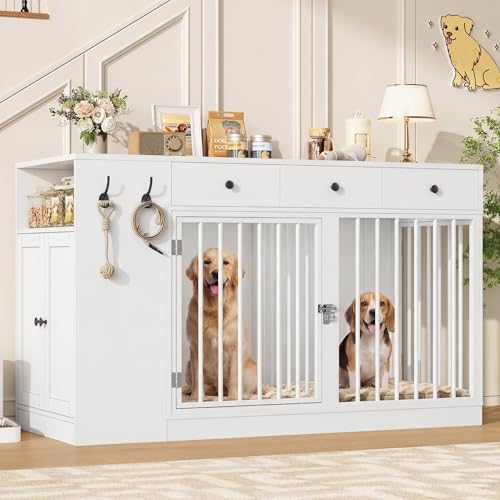 Keyluv 59 Large Dog Crate Furniture with Storage Drawers and Cabinet Single/Double Dog Kennel Indoor with Removable Divider TV Stand Dog Cage Furniture with Hooks for Small/Medium/Large Dogs White