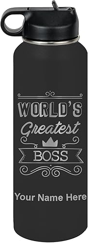 Miniatura 67 de LaserGram Botella de agua personalizada, World's Greatest Boss, acero inoxidable de doble pared aislada al vacío con popote superior, regalo grabado