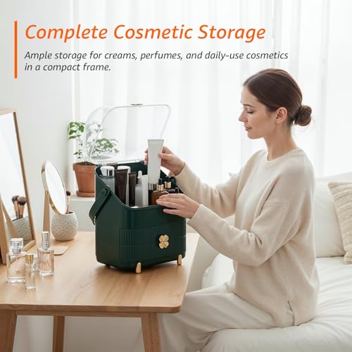 Image of Amazon Basics Glossy HIPS+PS Cosmetic Storage Organizer | 28 x 18 x 36 cm | 3 Compartments | Waterproof & Dustproof Lid | Green