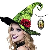 Women Witch Hat with Detachable Flower & Gothic Pendant, Wizard Hats Wicked Costume Accessories for Hallowen Party (Green)