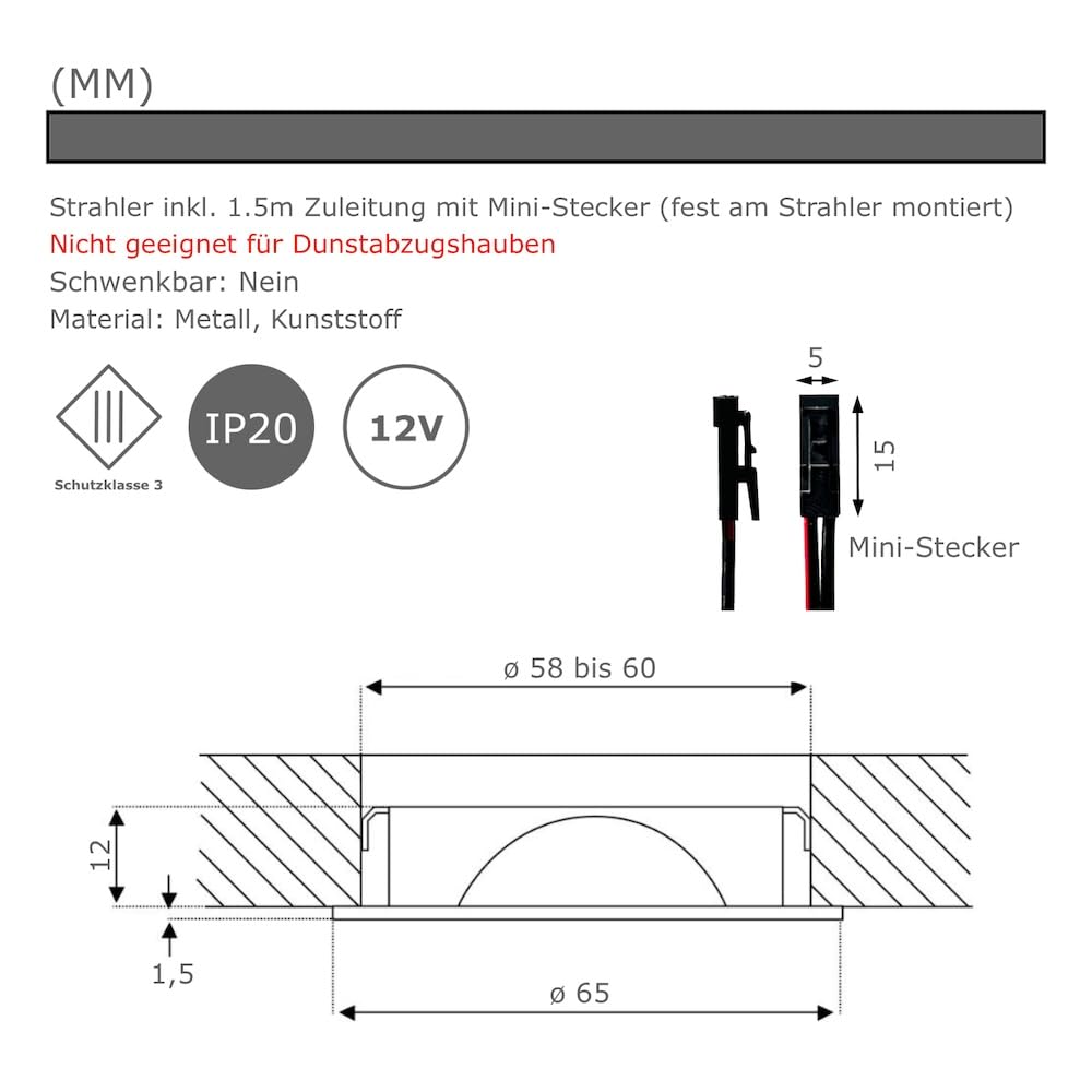 4er Set LED Möbel Einbaustrahler 12V ultra flach 2.4W Einbauleuchten Mila 160lm mit LED Trafo und 230V Zuleitung 3000K Warmweiß Lochausschnitt: 58 bis 60mm Silber Plug and Play Spots
