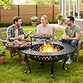 Wisteria Lane 3 in 1 43" Extra Large Fire Pit for Outside Wood Burning with 2 Adjustable Grills, Outdoor Fireplace with Lid and Fire Poker, BBQ & Bonfire & Round Metal Table for Patio, Backyard