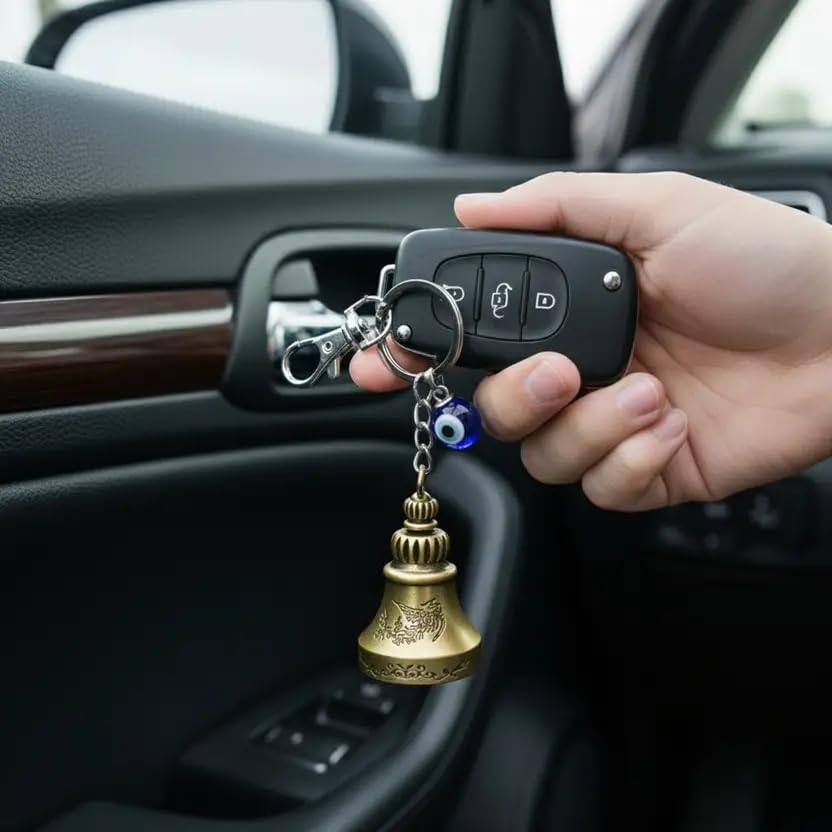 Image of Techpro Guardian Bell KeyChain Tibetan Key Chain Good Luck Key Chain For Bike (Golden Bell With Evil Eye)