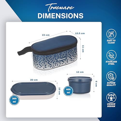 Image of Trueware Omaga Lunch Box with Insulated Fabric Jacket, 2 Microwave Safe & Leak Proof Inner Stainless Steel Containers 400ml Each & 1 Plastic Oval Chapati /Rice Container Tiffin for Office, College