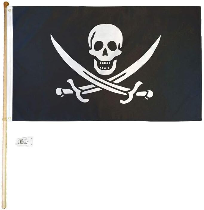 3x5 3'x5' Pirate Calico Jack Rackham Polyester Flag with 5' (Foot) Flag Pole Kit with Wall Mount Bracket & Screws (Imported)