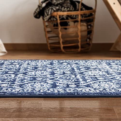 Antep Rugs Alfombras Non-Skid (Non-Slip) 2x4 Rubber Backing Floral Geometric Low Profile Pile Kitchen Area Rugs (Navy Blue, 2'3" x 4')
