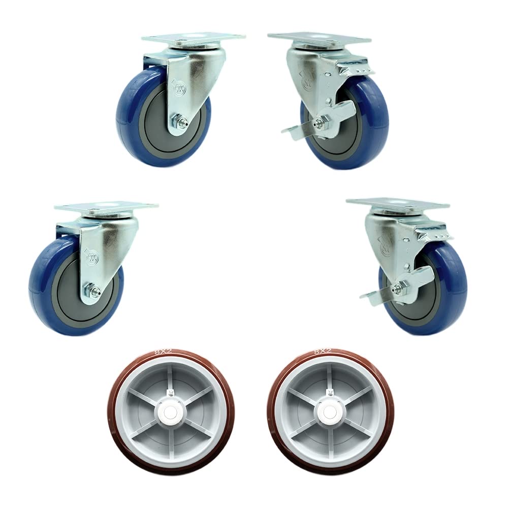 Regency 600UBCKIT6 U-Boat Utility Cart Caster and Wheel Full Replacement Set - Includes 4 Swivel Blue Casters, 2 with Brakes and 2 Wheels - Service Caster Brand