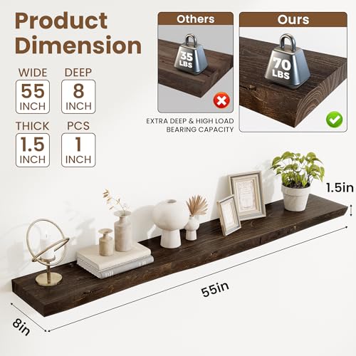 Image of Acovy Extra Deep 55 inch Long Live Edge Rustic Floating Shelves for Wall, Solid Wood Wall Shelves with Invisible Bracket Mount for Living Room Bathroom Bedroom Kitchen, Set of 1, Walnut