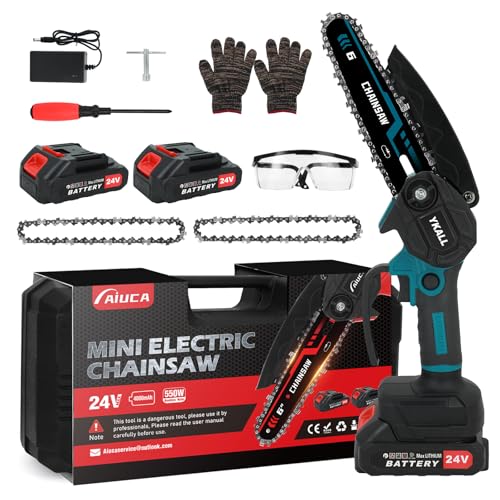Mini Chainsaw 24V with 8000mAh Battery, 6-Inch Cordless Chainsaw with 2 Powerful Batteries & 2 Chains – Safety Lock & High-Power Motor for Efficient Woodworking, Tree Pruning & Garden Maintenance