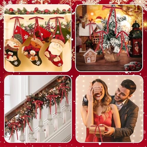 Image of 24 PCS Velvet Bows Christmas Ornaments Decorations, Sparkly Glittery Red Velvet Bows Ornaments for Christmas Tree, Unique Vintage Xmas Home Holiday Decor for Tree Mantle Wreath Gift Wrap