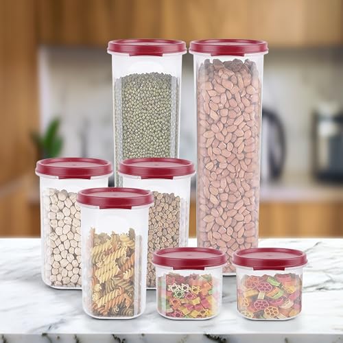 Image of Cutting EDGE Smart Slim Storage Airtight Container-Red,Set of 7 | Plastic material, size - 2x1.1L+3x585ml+2x250ml , pantry organization, pulses storage, grains storage, kitchen Storage