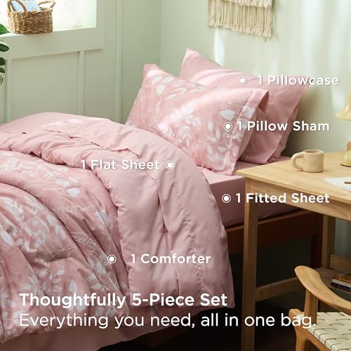 Image of Bedsure Floral Pink Comforter Set, Twin-XL Bedding Sets, Dorm, 5 Piece | Bed in a Bag, Bedroom, Dorm Room，Reversible, Fluffy, Whisper-Quiet, All-Season, Polyester, Easy Care, Botanical-Chic, OEKO